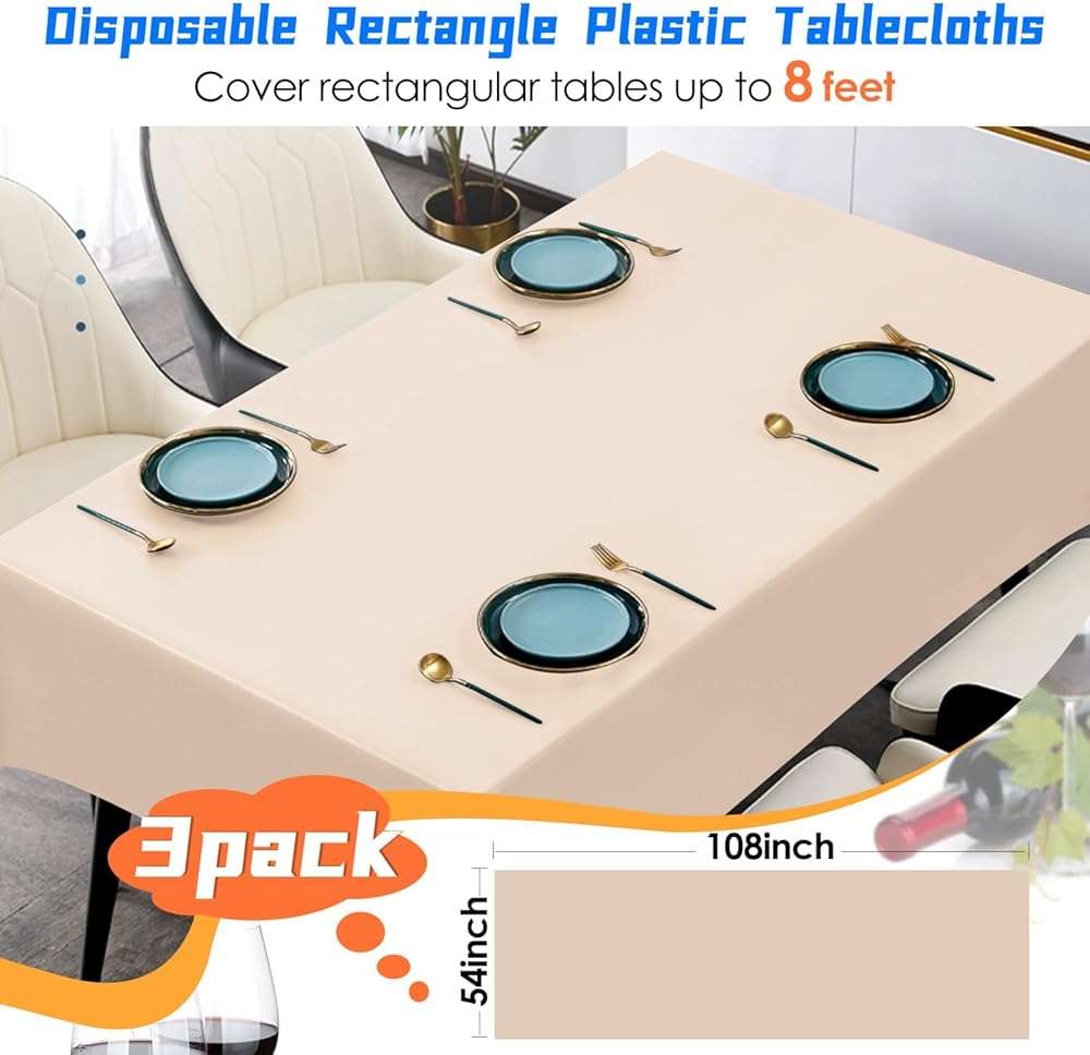 YSYJ 3 Pack Beige Plastic Tablecloth Disposable Rectangular Table Cloth 54 x 108 Inch Table Cover for Parties - Image 3