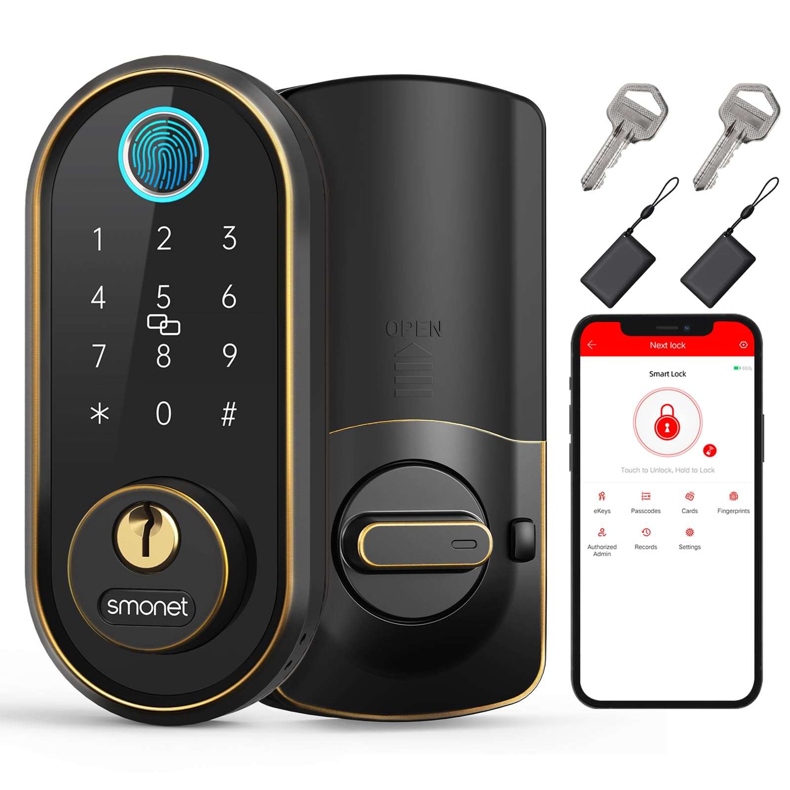 Smart Keyless Entry Door Lock - Fingerprint Electronic Deadbolt Touchscreen Keypad SMONET Biometric Digital Bluetooth Door Lock Smart Deadbolt Compatible with Alexa for Homes and Hotel - Image 1