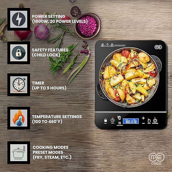 OMEO Portable Induction Cooktop Hot Plate Countertop Burner 1800 Watts Induction Burner with LCD Sensor Touch, LED Display, 10 Temperature Levels, Child Safety Lock, Auto Shutoff Function - Image 4
