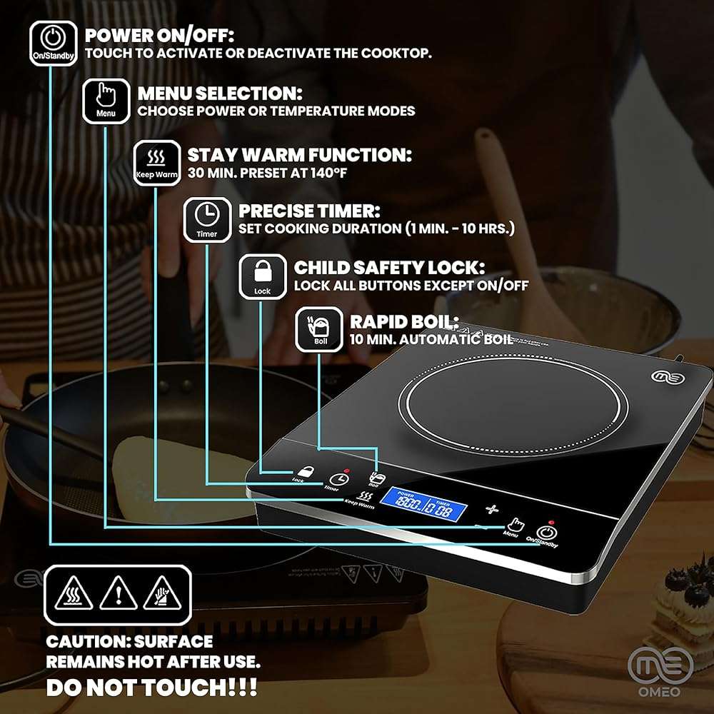 OMEO Portable Induction Cooktop Hot Plate Countertop Burner 1800 Watts Induction Burner with LCD Sensor Touch, LED Display, 10 Temperature Levels, Child Safety Lock, Auto Shutoff Function - Image 7