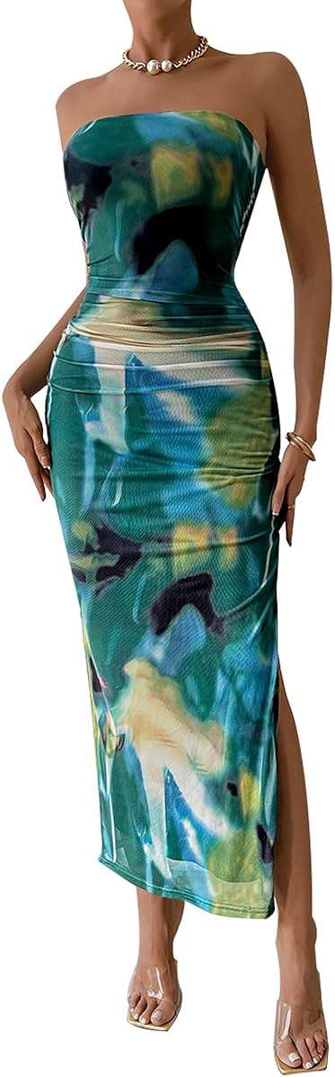 PRETTYGARDEN Women's Summer Wedding Guest Dress Strapless Tube Top Maxi Bodycon Long Floral Mesh Beach Vacation Party Dresses - Image 1