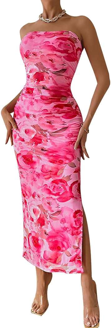 PRETTYGARDEN Women's Summer Wedding Guest Dress Strapless Tube Top Maxi Bodycon Long Floral Mesh Beach Vacation Party Dresses - Image 1