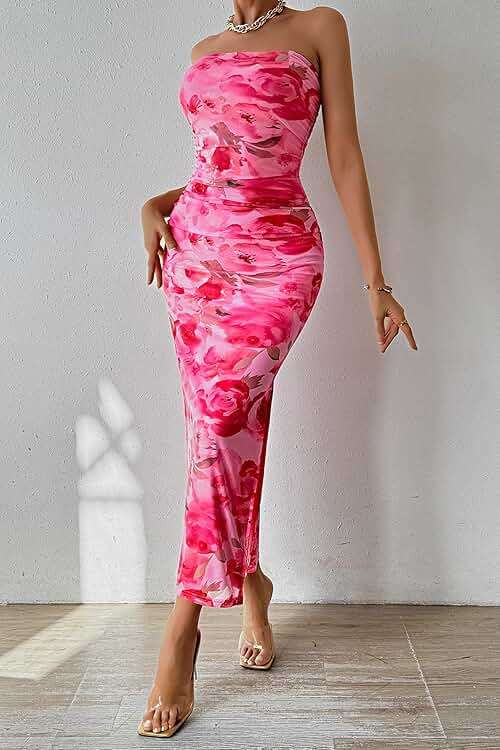 PRETTYGARDEN Women's Summer Wedding Guest Dress Strapless Tube Top Maxi Bodycon Long Floral Mesh Beach Vacation Party Dresses - Image 5