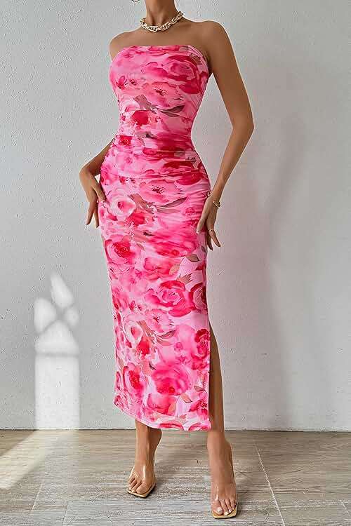 PRETTYGARDEN Women's Summer Wedding Guest Dress Strapless Tube Top Maxi Bodycon Long Floral Mesh Beach Vacation Party Dresses - Image 6