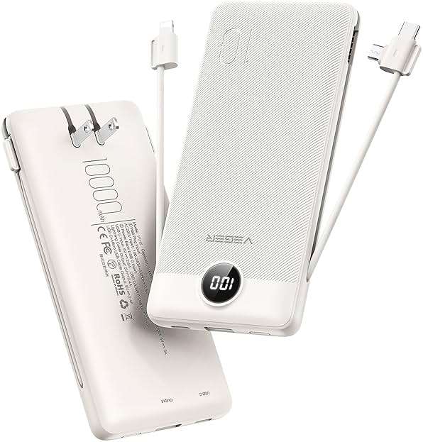VEGER Portable Charger with Built-in AC Plug and Cables, All in One 10000mAh Ultra Slim Power Bank Emergency Fast Charging for Travel Battery Pack Compatible with iPhone, Samsung, Android, Coffee - Image 1