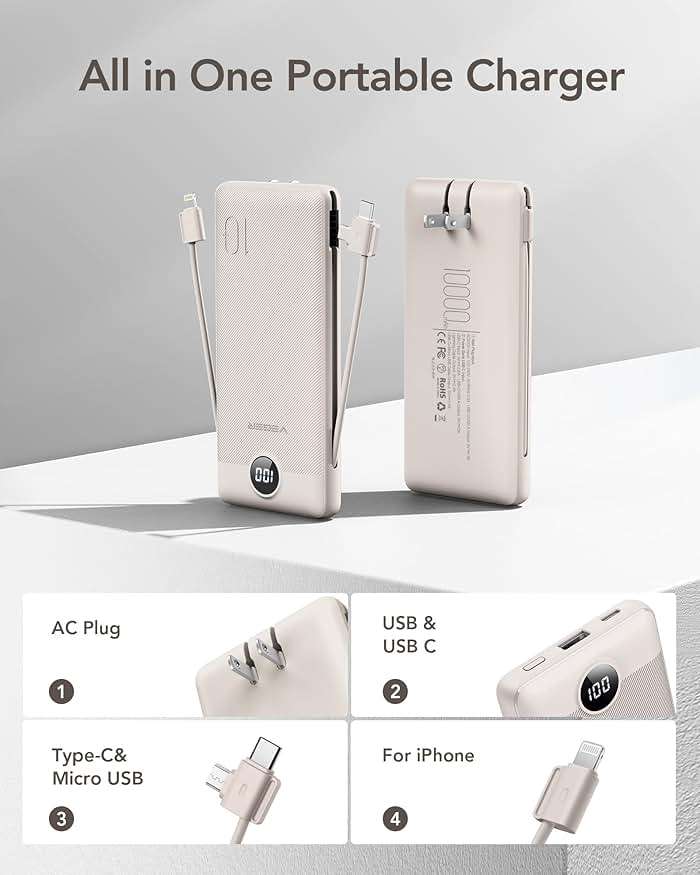 VEGER Portable Charger with Built-in AC Plug and Cables, All in One 10000mAh Ultra Slim Power Bank Emergency Fast Charging for Travel Battery Pack Compatible with iPhone, Samsung, Android, Coffee - Image 2
