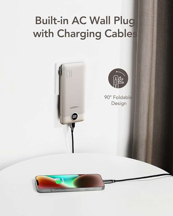 VEGER Portable Charger with Built-in AC Plug and Cables, All in One 10000mAh Ultra Slim Power Bank Emergency Fast Charging for Travel Battery Pack Compatible with iPhone, Samsung, Android, Coffee - Image 3