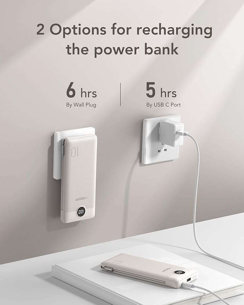 VEGER Portable Charger with Built-in AC Plug and Cables, All in One 10000mAh Ultra Slim Power Bank Emergency Fast Charging for Travel Battery Pack Compatible with iPhone, Samsung, Android, Coffee - Image 5