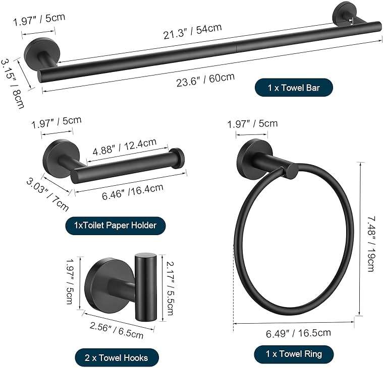 TURS Matte Black Bathroom Hardware Set 5 Piece, SUS304 Stainless Steel Bath Towel Bar Set, 24 Inch Bathroom Accessories Kit Wall Mounted - Image 3