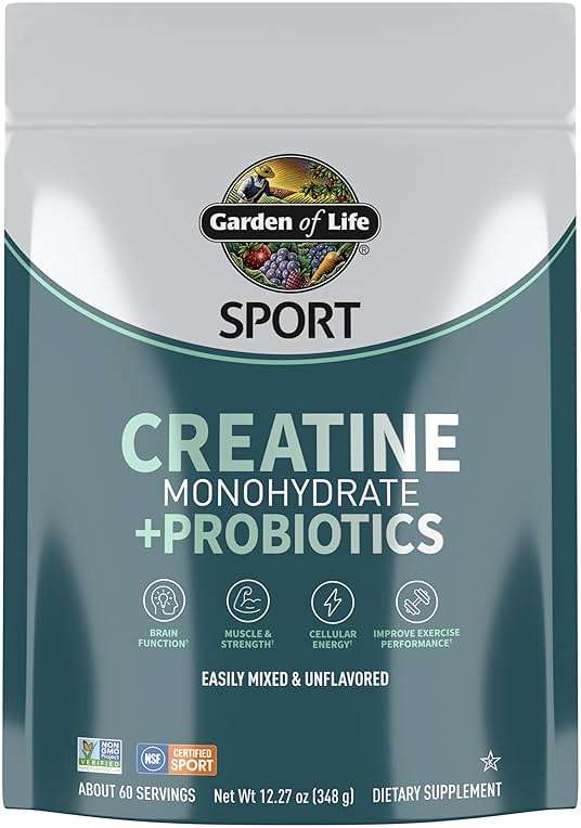 Creatine Monohydrate Powder for Women and Men by Garden of Life, Micronized Pre Workout with Probiotics for Muscle, Strength, Performance, Sport Amino Energy, About 60 Easy to Mix Unflavored Servings - Image 1