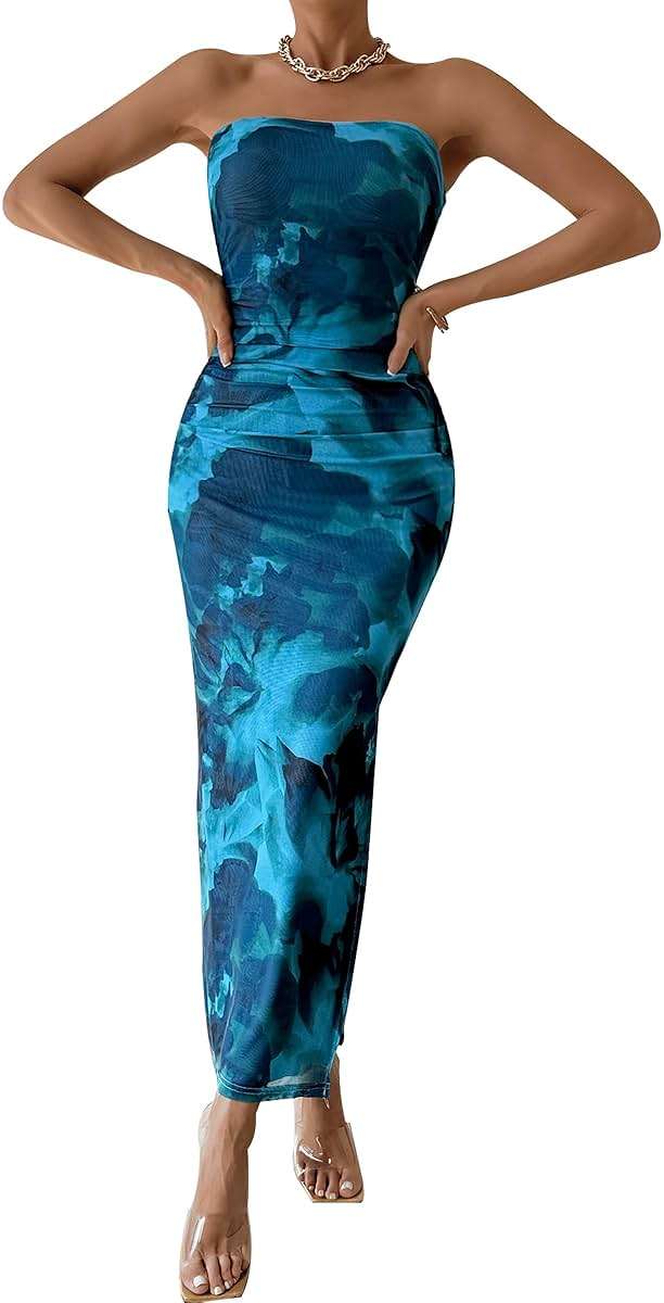 PRETTYGARDEN Women's Summer Wedding Guest Dress Strapless Tube Top Maxi Bodycon Long Floral Mesh Beach Vacation Party Dresses - Image 1