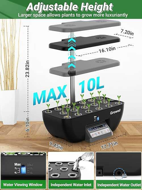 Growell Hydroponics Growing System Kit, 17 Pods Herb Garden with 102 28W Full-Spectrum Grow Lights & 2 Fans, Indoor Garden with Water Pump, 10L Water Tank, Auto Timer, Height Adjustable (Black & Grey) - Image 2