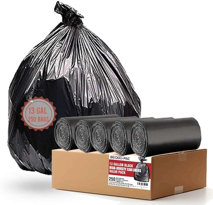 BEIDOU-PAC 13 Gallon Trash Bags, 250 Count Black Tall Kitchen Garbage bags, Multi-purpose Trash Can Bin Liners for Bathroom, Office, Industrial, Commercial, Janitorial, Municipal, Recycling - Image 1