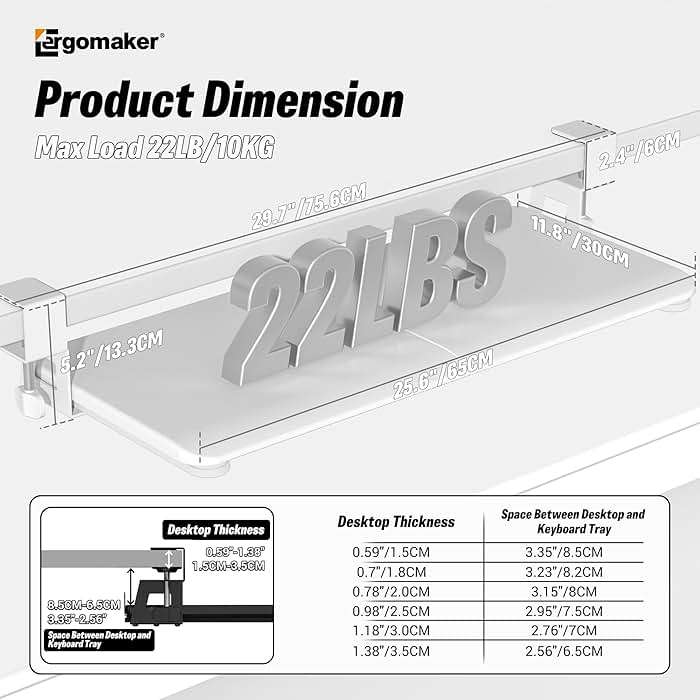 Keyboard Tray Under Desk, Pull Out Keyboard Tray with C Clamp Mount, 25.6" (29.7" Including Clamps) x 11.8" Slide-Out Platform Computer Drawer for Typing, Keyboard & Mouse Tray, White - Image 2