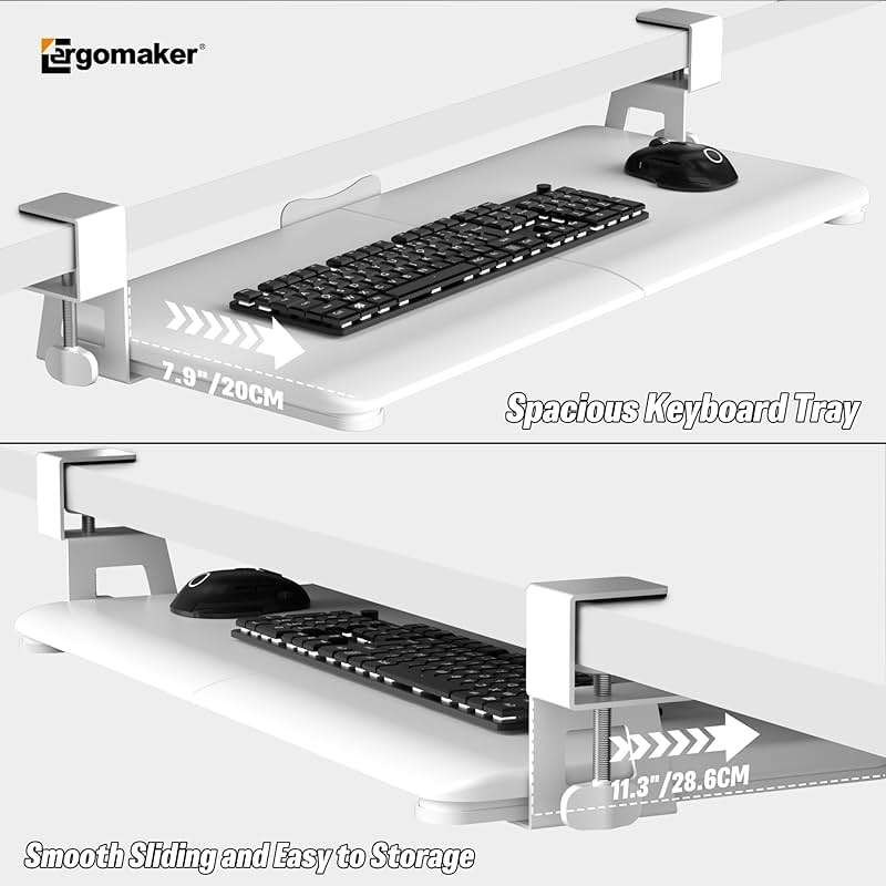 Keyboard Tray Under Desk, Pull Out Keyboard Tray with C Clamp Mount, 25.6" (29.7" Including Clamps) x 11.8" Slide-Out Platform Computer Drawer for Typing, Keyboard & Mouse Tray, White - Image 3