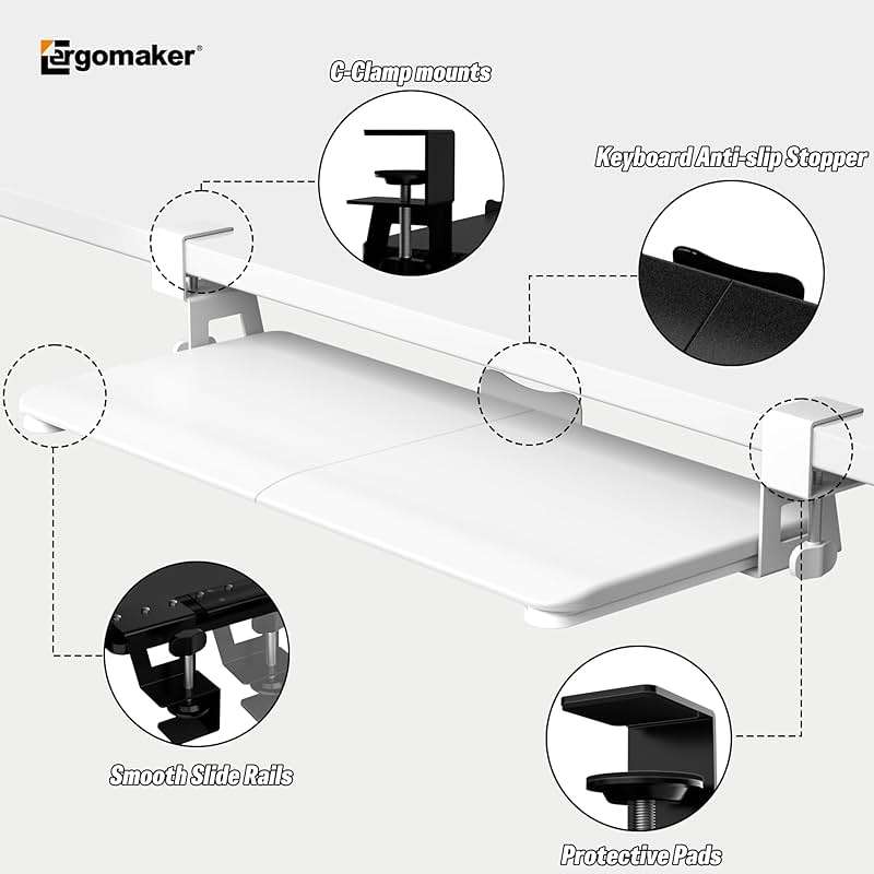 Keyboard Tray Under Desk, Pull Out Keyboard Tray with C Clamp Mount, 25.6" (29.7" Including Clamps) x 11.8" Slide-Out Platform Computer Drawer for Typing, Keyboard & Mouse Tray, White - Image 4