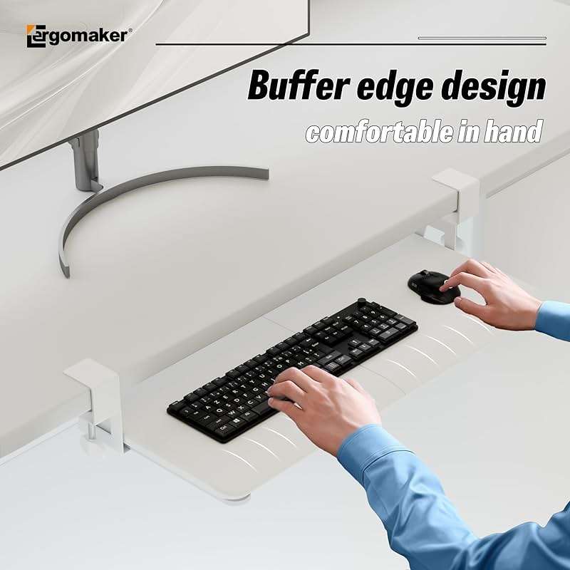 Keyboard Tray Under Desk, Pull Out Keyboard Tray with C Clamp Mount, 25.6" (29.7" Including Clamps) x 11.8" Slide-Out Platform Computer Drawer for Typing, Keyboard & Mouse Tray, White - Image 5
