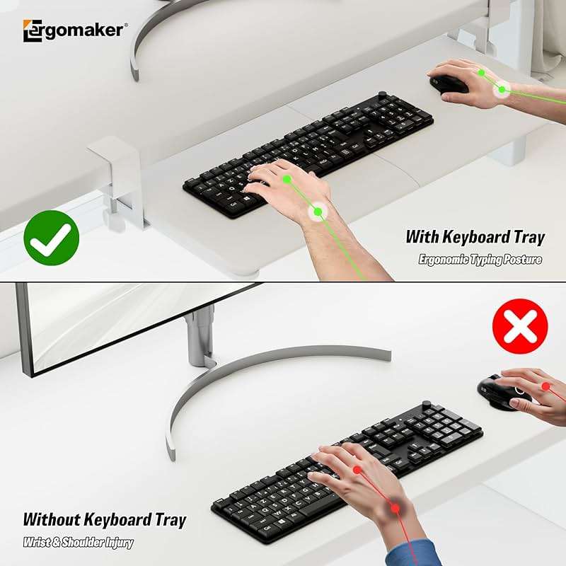 Keyboard Tray Under Desk, Pull Out Keyboard Tray with C Clamp Mount, 25.6" (29.7" Including Clamps) x 11.8" Slide-Out Platform Computer Drawer for Typing, Keyboard & Mouse Tray, White - Image 6