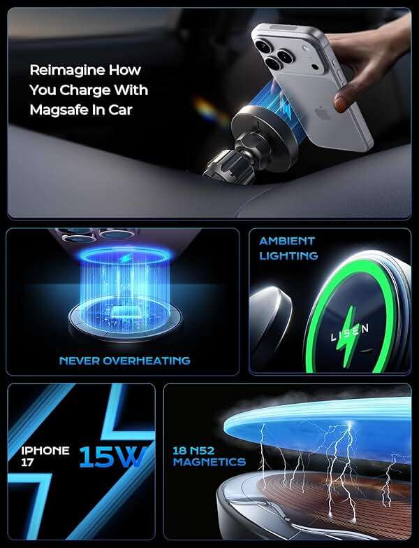 LISEN for 15W MagSafe Car Mount Charger,Magnetic Wireless Car Charger for iPhone 17 Pro Max Accessories,Magnetic Phone Holder for iPhone 17 Air Pro Max Plus 16 15 14 13 12,Samsung S25/24 with MagSafe - Image 3