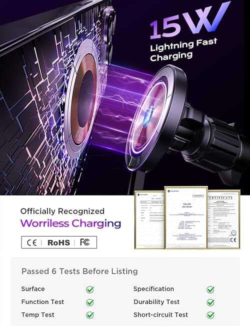 LISEN for 15W MagSafe Car Mount Charger,Magnetic Wireless Car Charger for iPhone 17 Pro Max Accessories,Magnetic Phone Holder for iPhone 17 Air Pro Max Plus 16 15 14 13 12,Samsung S25/24 with MagSafe - Image 4