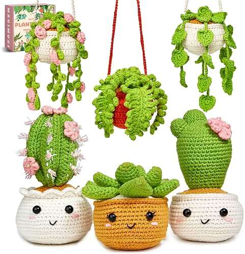 MAGIMUSE Crochet Kit for Beginners, Crochet Starter Kits, Amigurumi Craft Knitting Crocheting Kits with Step-by-Step Video Tutorials, 6 Pack Hanging Potted Plants Family(40%+ Yarn - Image 1