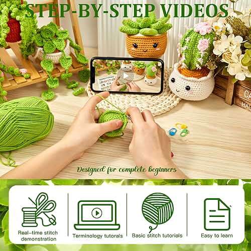 MAGIMUSE Crochet Kit for Beginners, Crochet Starter Kits, Amigurumi Craft Knitting Crocheting Kits with Step-by-Step Video Tutorials, 6 Pack Hanging Potted Plants Family(40%+ Yarn - Image 4