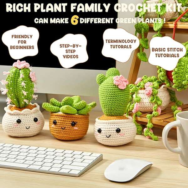 MAGIMUSE Crochet Kit for Beginners, Crochet Starter Kits, Amigurumi Craft Knitting Crocheting Kits with Step-by-Step Video Tutorials, 6 Pack Hanging Potted Plants Family(40%+ Yarn - Image 5