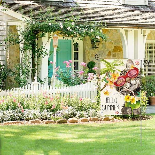 AVOIN colorlife Hello Summer Floral Cat Garden Flag 12x18 Inch Double Sided Outside, Party Holiday Burlap Yard Outdoor Decoration - Image 2