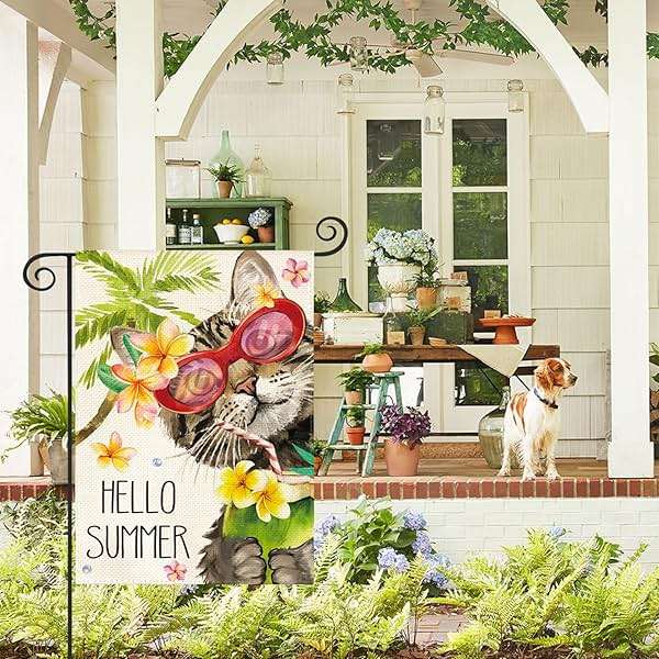AVOIN colorlife Hello Summer Floral Cat Garden Flag 12x18 Inch Double Sided Outside, Party Holiday Burlap Yard Outdoor Decoration - Image 3