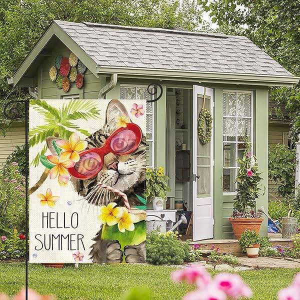 AVOIN colorlife Hello Summer Floral Cat Garden Flag 12x18 Inch Double Sided Outside, Party Holiday Burlap Yard Outdoor Decoration - Image 4
