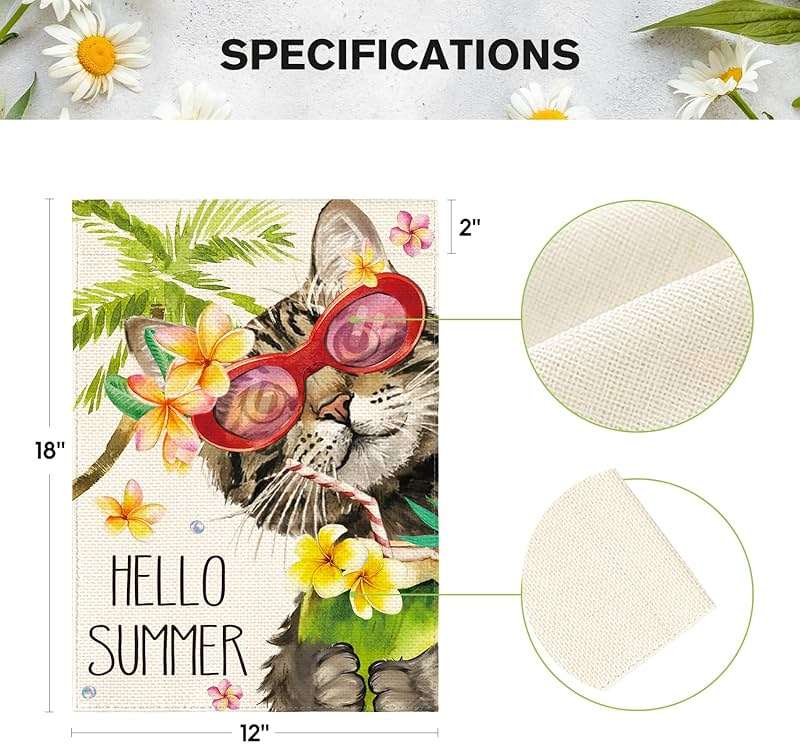 AVOIN colorlife Hello Summer Floral Cat Garden Flag 12x18 Inch Double Sided Outside, Party Holiday Burlap Yard Outdoor Decoration - Image 5