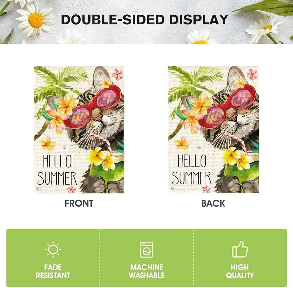 AVOIN colorlife Hello Summer Floral Cat Garden Flag 12x18 Inch Double Sided Outside, Party Holiday Burlap Yard Outdoor Decoration - Image 6