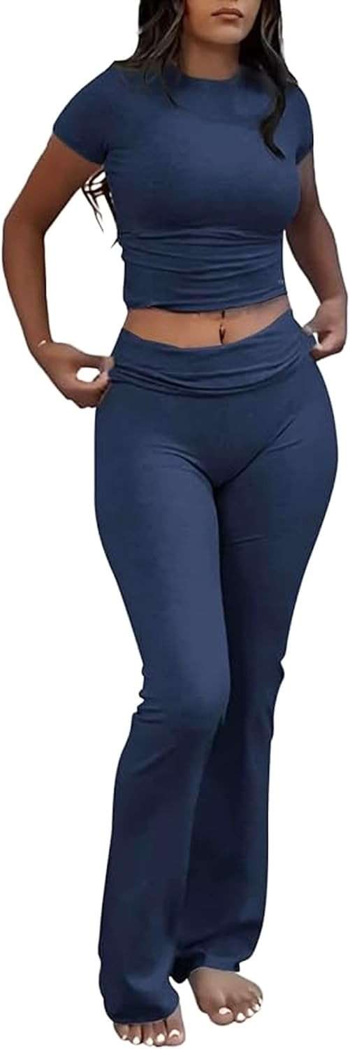 YETOWA Womens 2 Piece Outfits Low Rise Flare Leggings Short Sleeve Top Soft Stretchy Lounge Set Yoga Casual - Image 1