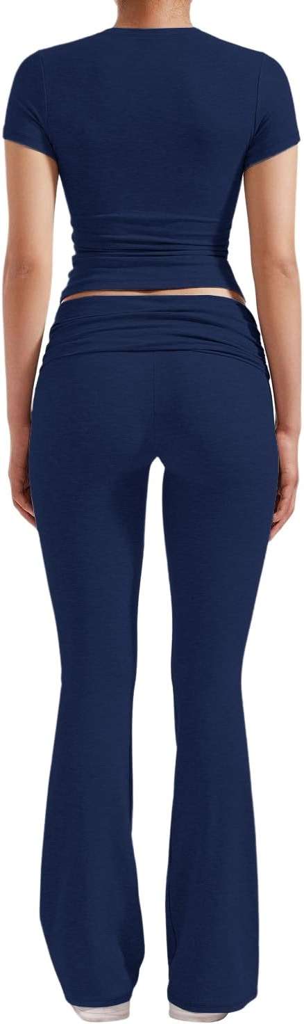 YETOWA Womens 2 Piece Outfits Low Rise Flare Leggings Short Sleeve Top Soft Stretchy Lounge Set Yoga Casual - Image 2