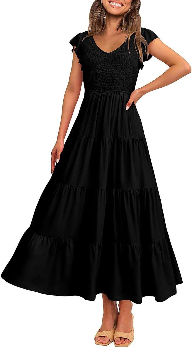 PRETTYGARDEN Women's Summer Flowy Maxi Dress Casual Cap Sleeve V Neck Smocked Beach Sundress - Image 1