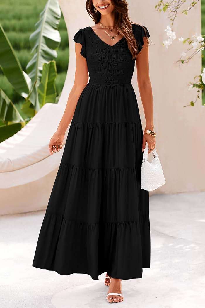 PRETTYGARDEN Women's Summer Flowy Maxi Dress Casual Cap Sleeve V Neck Smocked Beach Sundress - Image 3