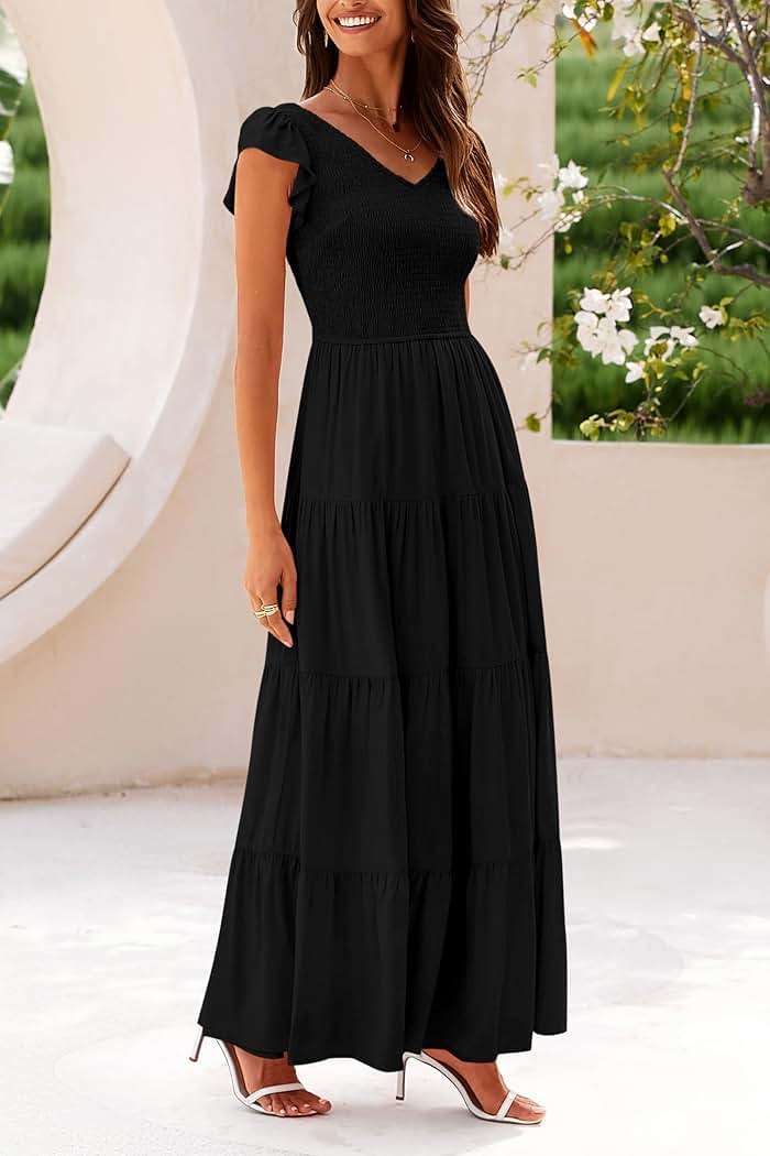 PRETTYGARDEN Women's Summer Flowy Maxi Dress Casual Cap Sleeve V Neck Smocked Beach Sundress - Image 4