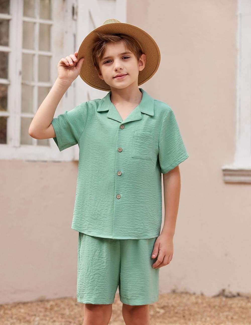 Arshiner Boys 2 Pieces Summer Beach Outfits Short Sleeve Button Down Shirts and Shorts Vacation Texture Sets for Kids - Image 2