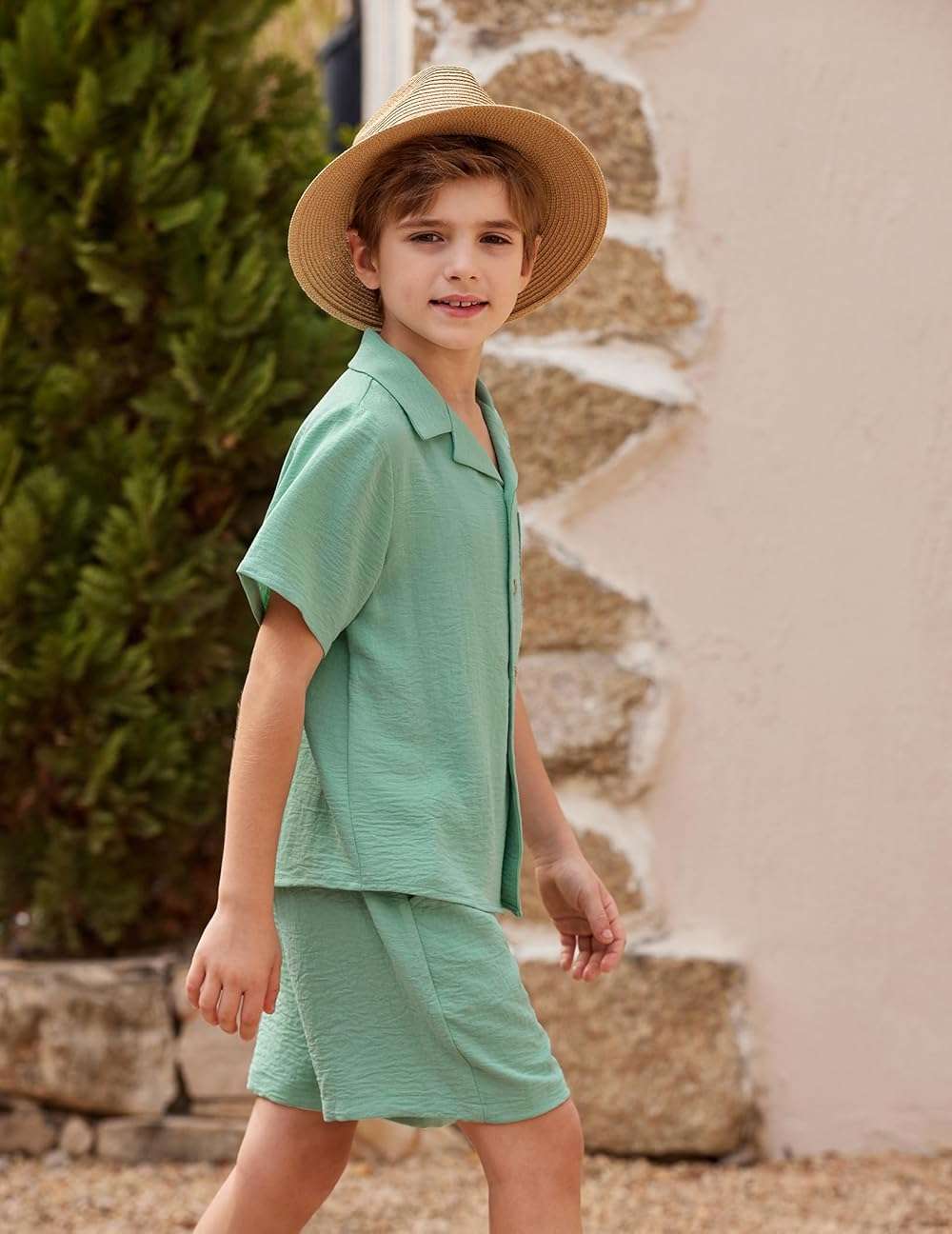 Arshiner Boys 2 Pieces Summer Beach Outfits Short Sleeve Button Down Shirts and Shorts Vacation Texture Sets for Kids - Image 3