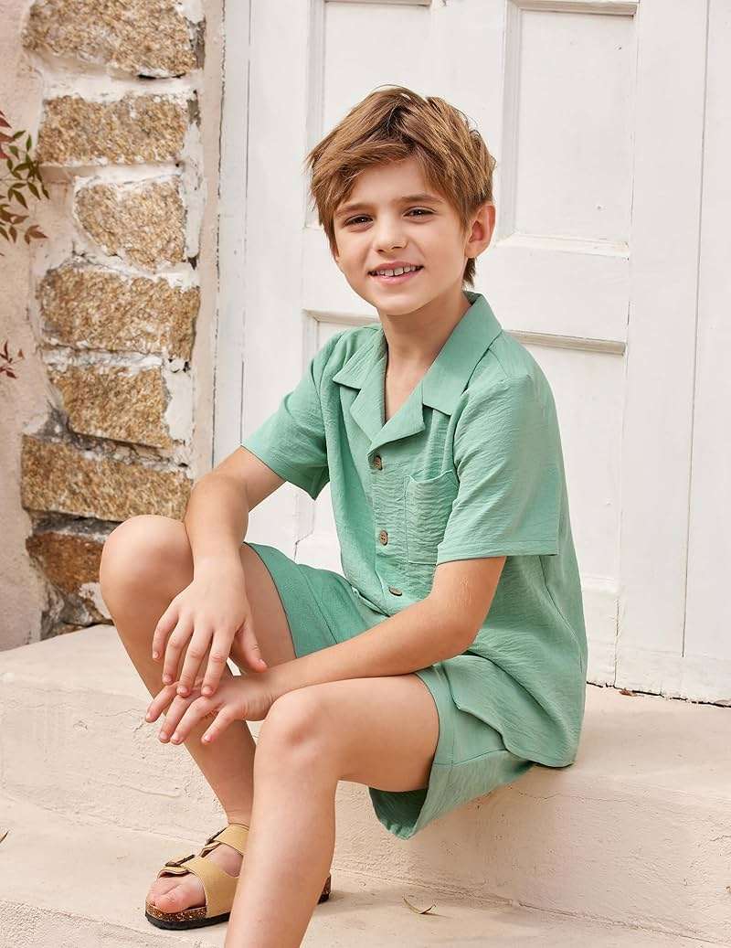 Arshiner Boys 2 Pieces Summer Beach Outfits Short Sleeve Button Down Shirts and Shorts Vacation Texture Sets for Kids - Image 5
