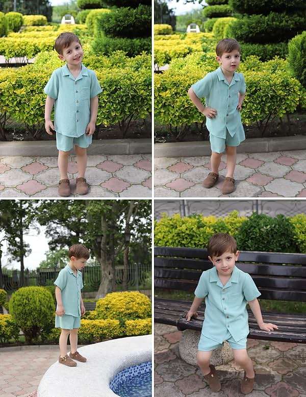 Arshiner Boys 2 Pieces Summer Beach Outfits Short Sleeve Button Down Shirts and Shorts Vacation Texture Sets for Kids - Image 6