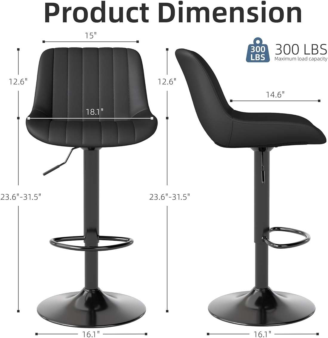 Youhauchair Bar Stools Set of 3, Swivel Counter Height Barstools with Back, Adjustable PU Leather Bar Chairs, Modern Armless Kitchen Island Stool, Black - Image 2