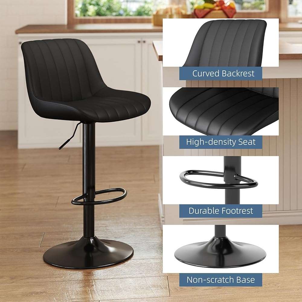 Youhauchair Bar Stools Set of 3, Swivel Counter Height Barstools with Back, Adjustable PU Leather Bar Chairs, Modern Armless Kitchen Island Stool, Black - Image 4