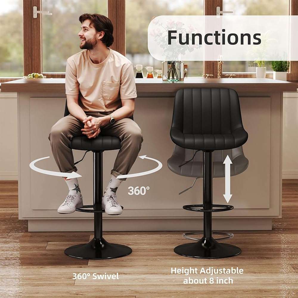 Youhauchair Bar Stools Set of 3, Swivel Counter Height Barstools with Back, Adjustable PU Leather Bar Chairs, Modern Armless Kitchen Island Stool, Black - Image 6