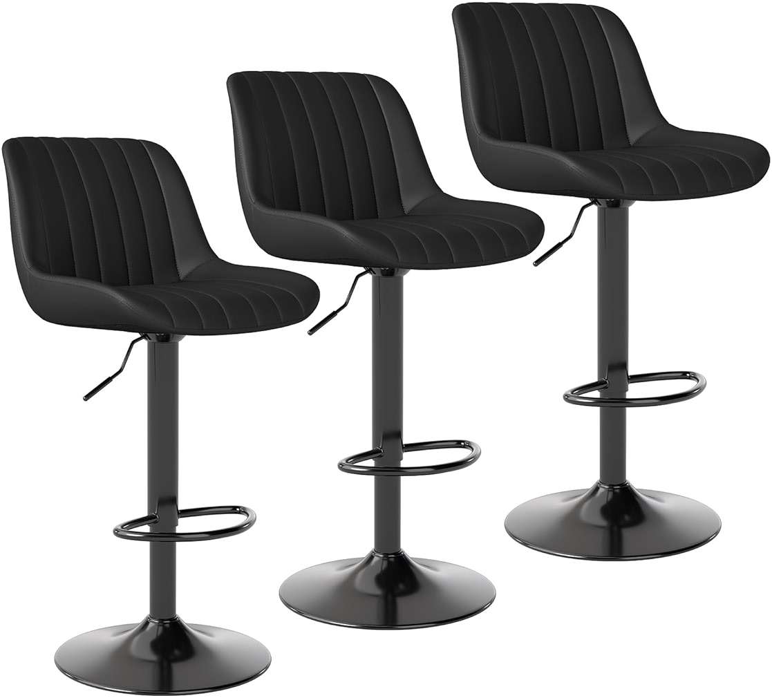 Youhauchair Bar Stools Set of 3, Swivel Counter Height Barstools with Back, Adjustable PU Leather Bar Chairs, Modern Armless Kitchen Island Stool, Black - Image 8
