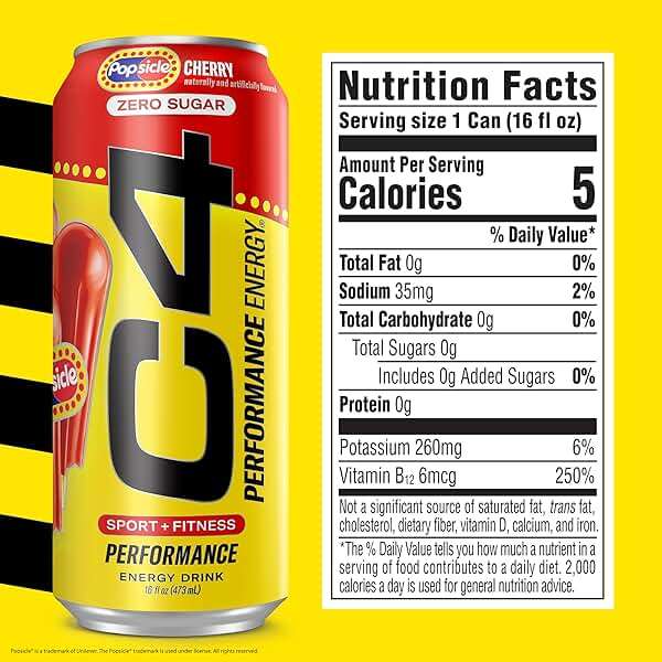 C4 Performance Energy Drink, Cherry Popsicle, Zero Sugar Carbonated Preworkout Energy, 200mg Caffeine with Beta Alanine, 16 Fl Oz (12 Pack) - Image 2