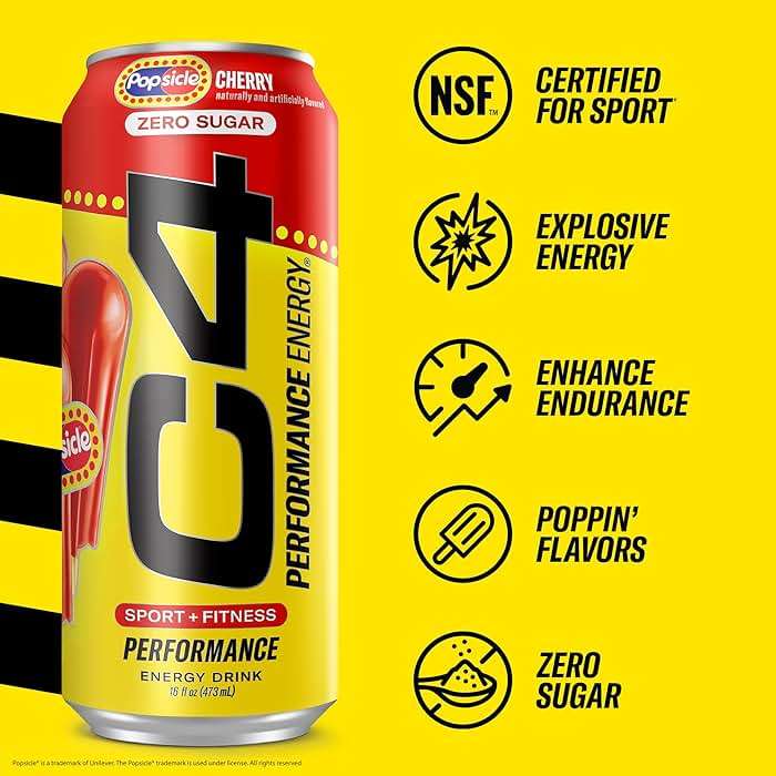 C4 Performance Energy Drink, Cherry Popsicle, Zero Sugar Carbonated Preworkout Energy, 200mg Caffeine with Beta Alanine, 16 Fl Oz (12 Pack) - Image 3