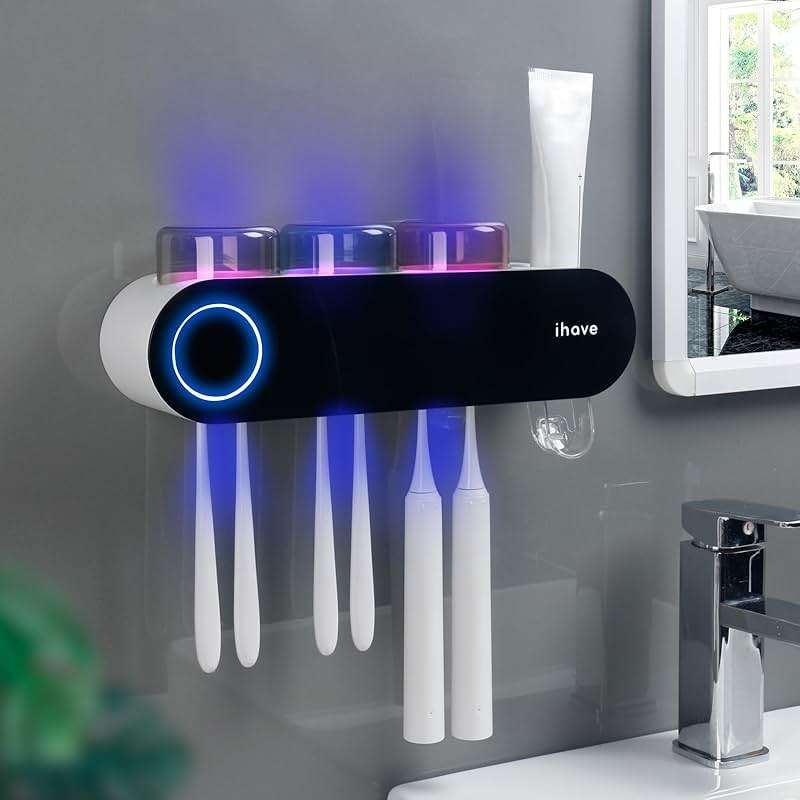 iHave Wall Mounted Electric Toothbrush Holders with 3 Cups, UV Sanitizer, Toothpaste Dispenser, Smart Home Bathroom Accessories & Decor, Black - Image 1