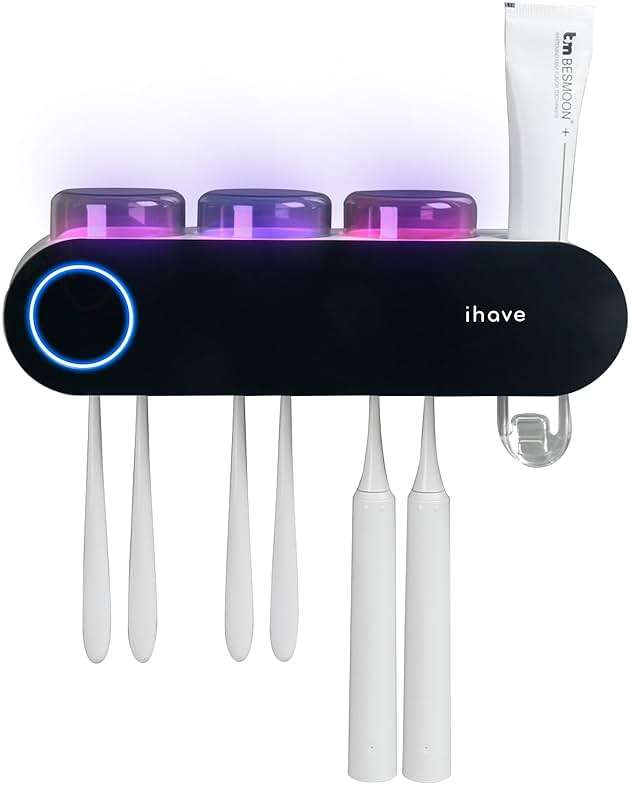 iHave Wall Mounted Electric Toothbrush Holders with 3 Cups, UV Sanitizer, Toothpaste Dispenser, Smart Home Bathroom Accessories & Decor, Black - Image 5