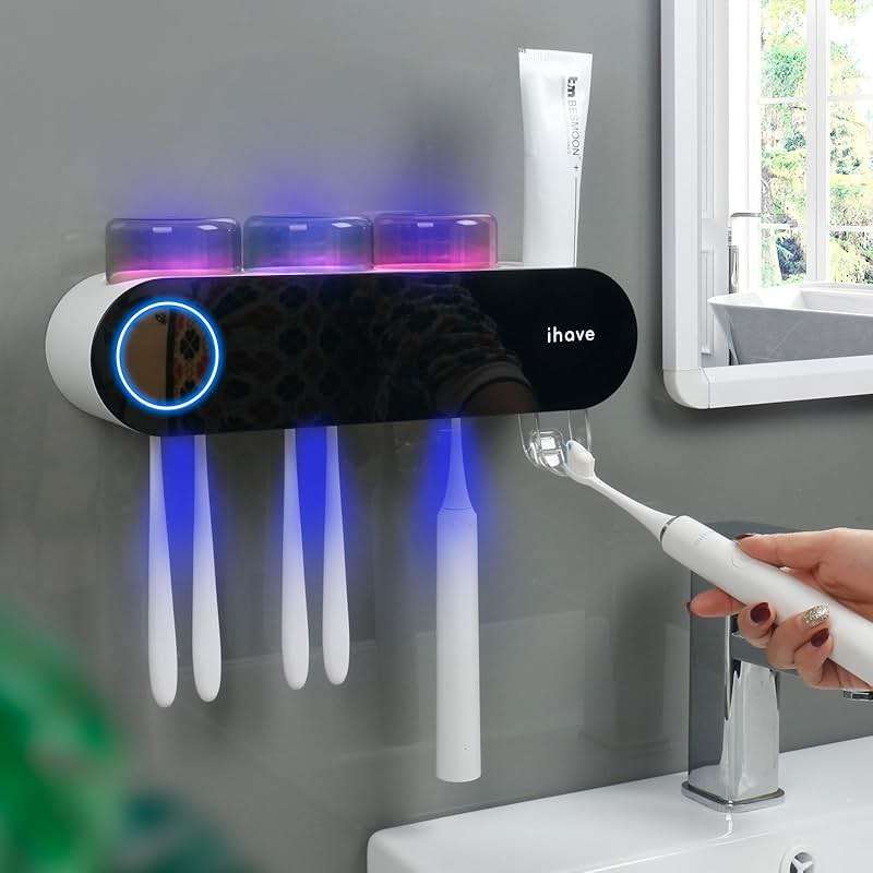 iHave Wall Mounted Electric Toothbrush Holders with 3 Cups, UV Sanitizer, Toothpaste Dispenser, Smart Home Bathroom Accessories & Decor, Black - Image 6